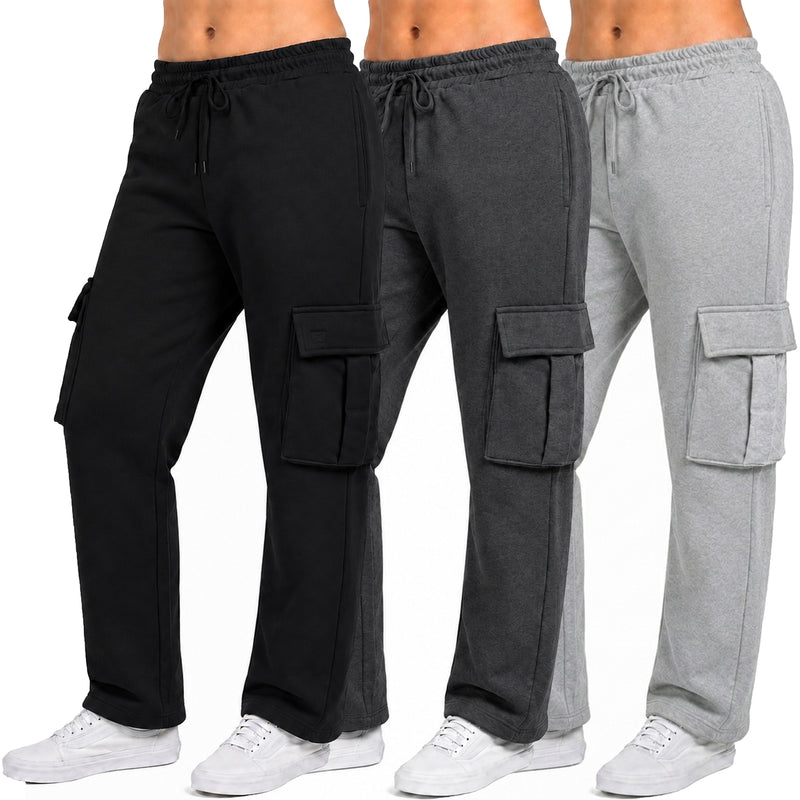 3-Pack Women’s Relaxed Fit Open Bottom Fleece Cargo Sweatpants with Velcro Pockets