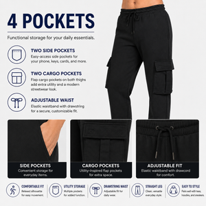 3-Pack Women’s Relaxed Fit Open Bottom Fleece Cargo Sweatpants with Velcro Pockets view 4