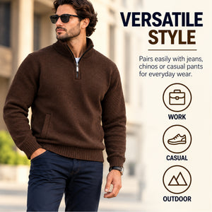 Men's Quarter Zip Knit Sweater Velour Fleece Lined Warm Casual Pullover (S-2XL)