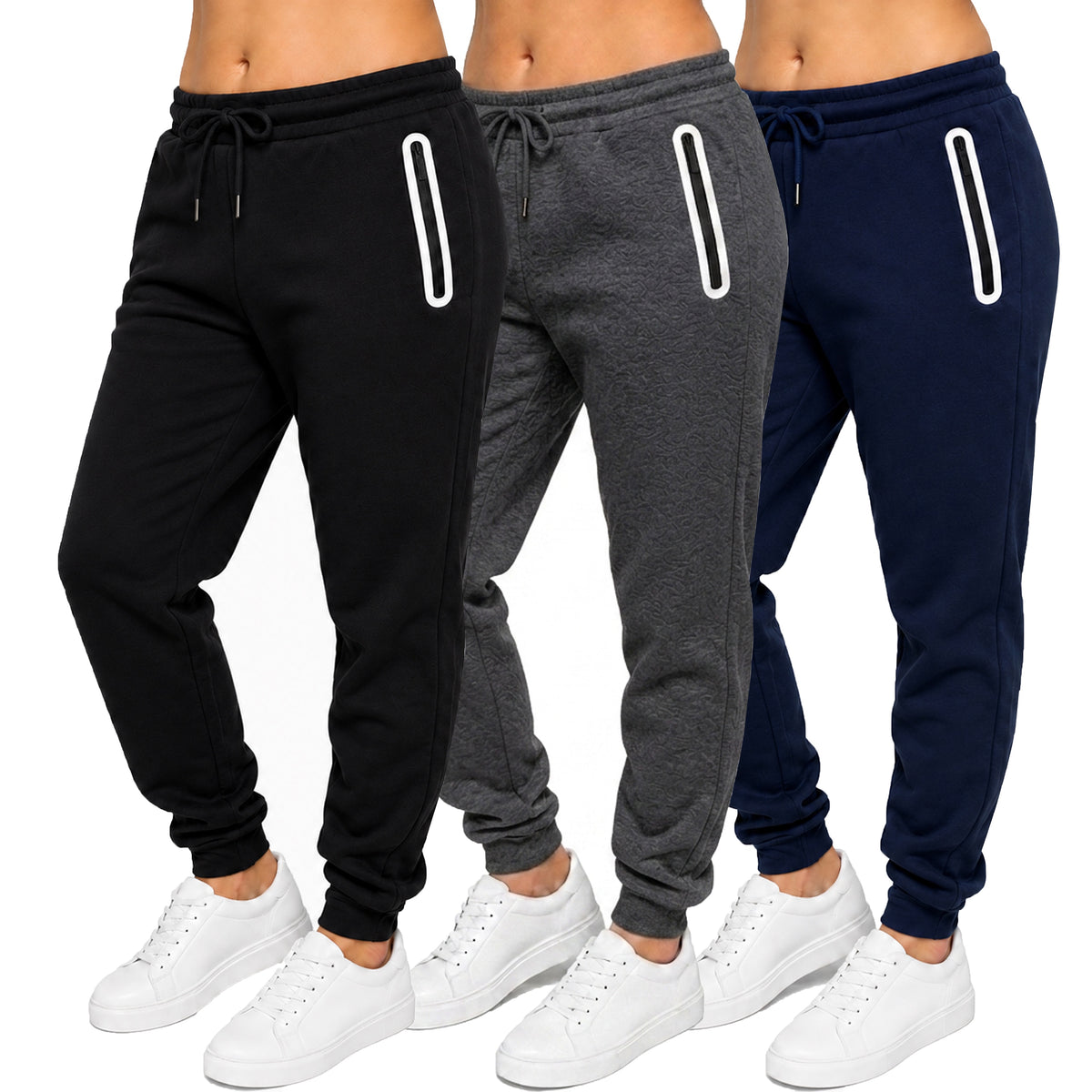 3-Pack Women's Loose-Fit Fleece-Lined Jogger With Heat Seal Zipper Side Pockets